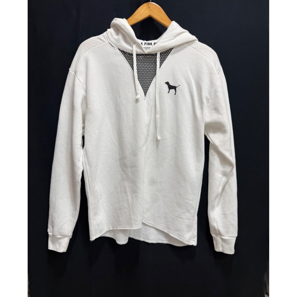 PINK Victoria's Secret Hoodie Women XS White‎ Mesh V-Neck Logo Pullover Sporty